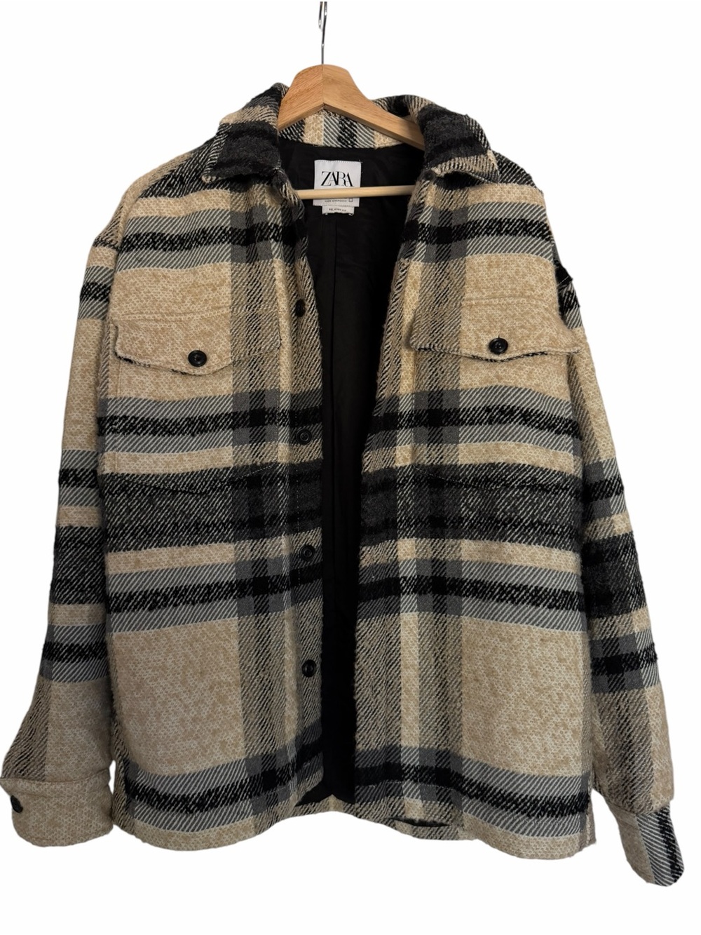 Zara Mens Medium Relaxed Fit Plaid Overshirt Shacket Beige Black Gray